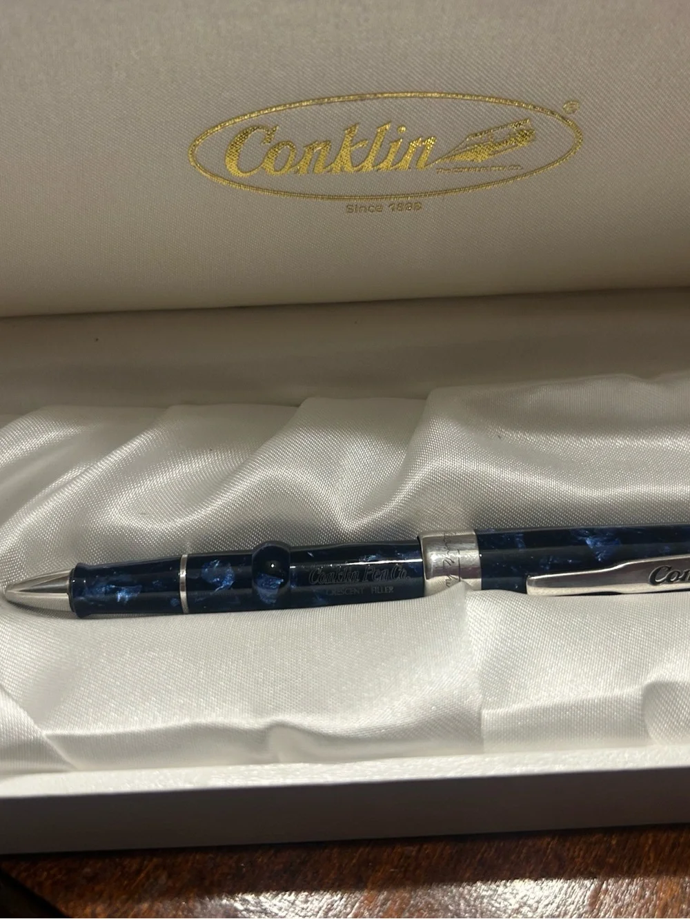 Conklin Mark Twain Crescent Filler Fountain Pen in a blue marbled in Conklin box